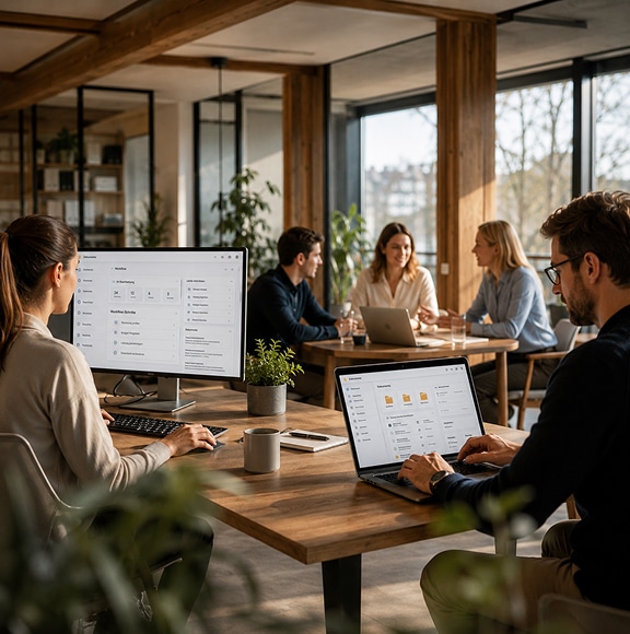 Personen arbeiten in einem modernen Büro, nutzen Laptops zur Dokumenten-Digitalisierung bei HK Consulting.