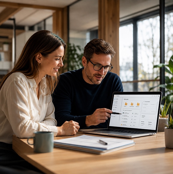 Zwei Personen schauen auf einen Laptop mit Digitalisierungssoftware von HK Consulting zur Dokumentenverarbeitung.