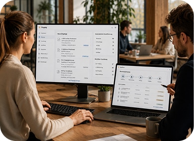 Zwei Personen arbeiten an Computern mit digitalen Dokumentenlösungen von HK Consulting in einem modernen Büro.