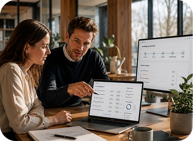 HK Consulting-Experten erklären Dokumenten-Digitalisierungslösungen auf einem Laptop, um Geschäftsprozesse zu optimieren.