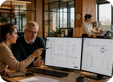 Menschen analysieren Dokumente auf Bildschirmen in modernem Büro, Fokus auf Digitalisierungs-Software bei HK Consulting.