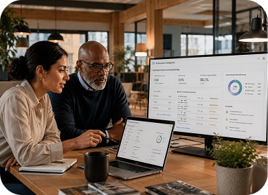 Mitarbeiter von HK Consulting analysieren Dokumente auf Bildschirmen für effektive Dokumente-Digitalisierung.